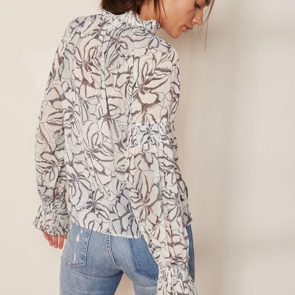 FOXIEDOX white gray blue high neck pleated floral chiffon top - Picture 2 of 11